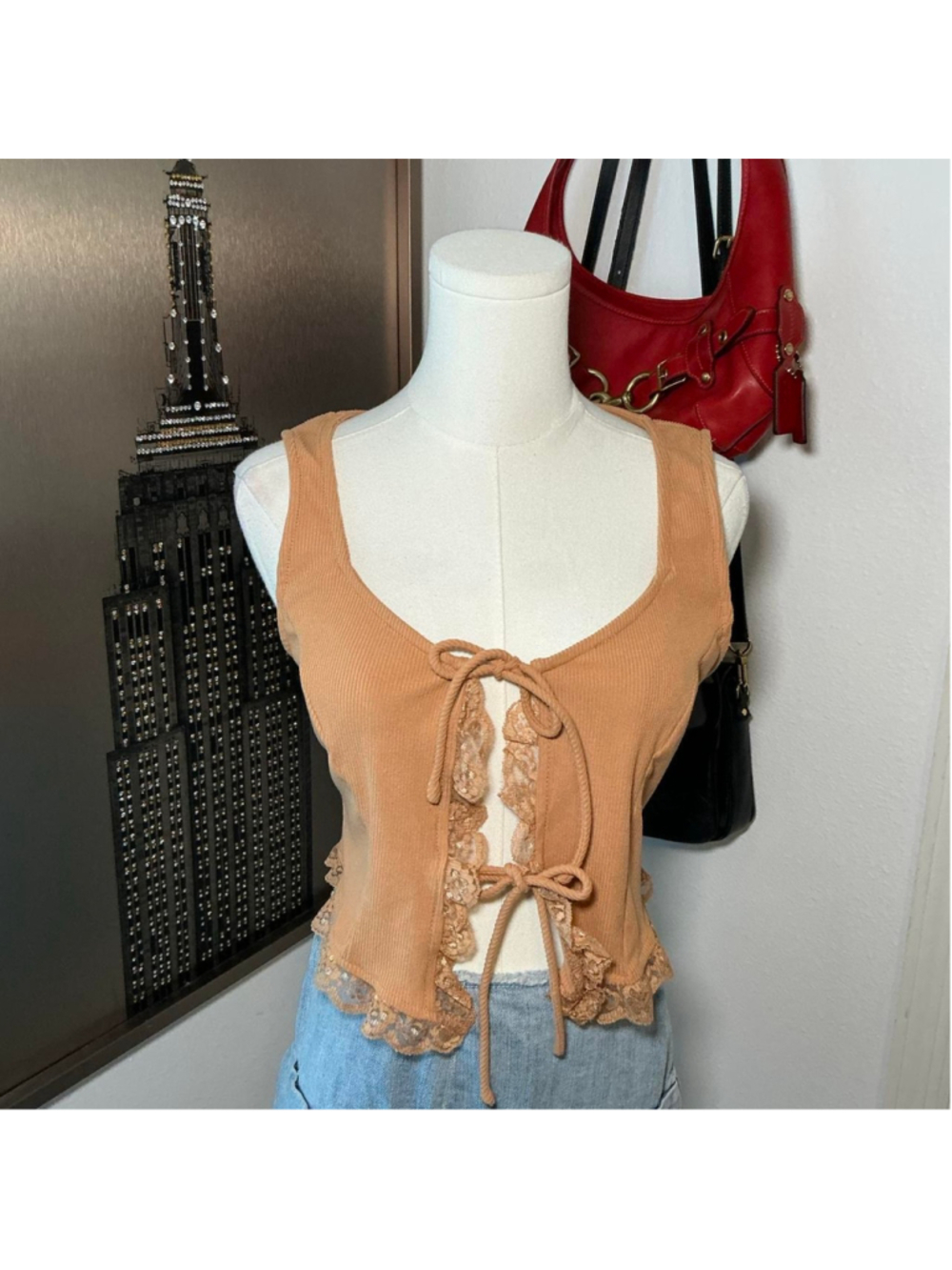 Tan Lace Trim Tie Front Tank Top Size Small